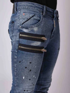 Jean Skinny Fit Délavage Bleu Brut, Tacheté , Zips Apparent Côté