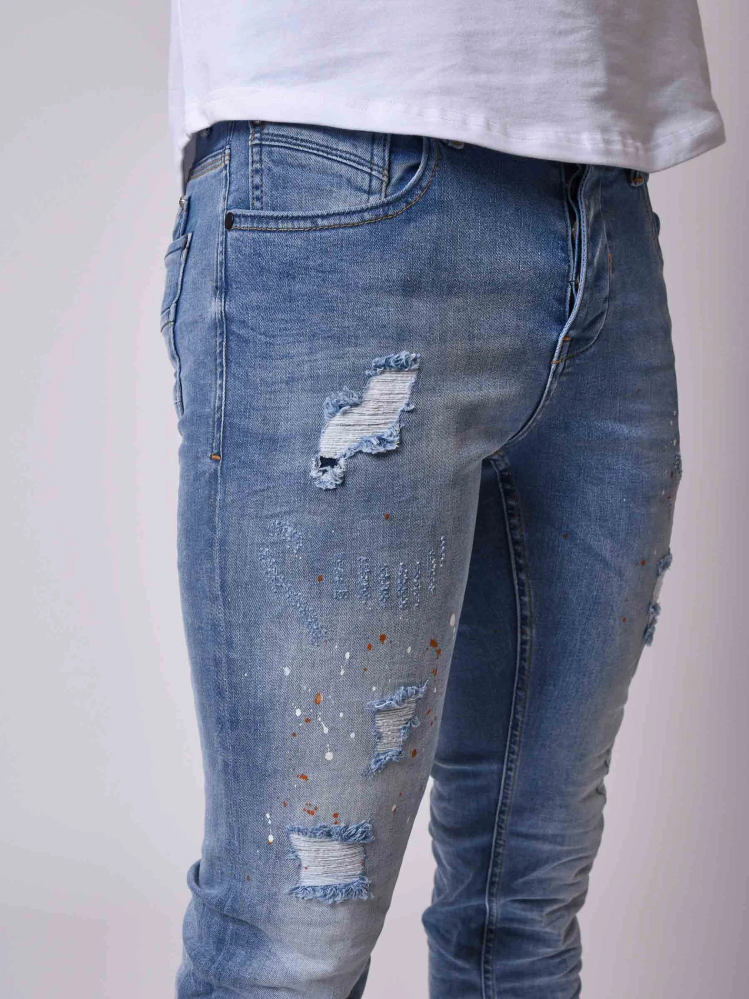 Jean Skinny Fit Délavage Bleu Clair Tacheté Effet Usé 5 Jean Skinny Fit Délavage Bleu Clair Tacheté Effet Usé – Image 3