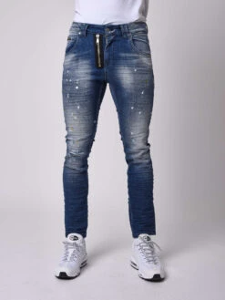 Jean Skinny Fit Délavage Bleu, Tacheté Jaune Pâle , Zip Apparent -Monsieur Chic Soldes Boutique jean skinny fit delavage bleu tachete jaune pale zip apparent t19945 3