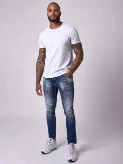 Jean Skinny Fit Délavage Bleu, Tacheté Jaune Pâle , Zip Apparent -Monsieur Chic Soldes Boutique jean skinny fit delavage bleu tachete jaune pale zip apparent t19945 4