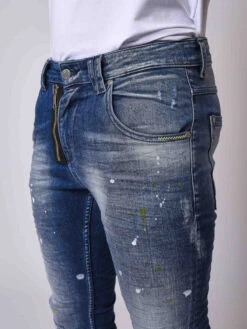 Jean Skinny Fit Délavage Bleu, Tacheté Jaune Pâle , Zip Apparent -Monsieur Chic Soldes Boutique jean skinny fit delavage bleu tachete jaune pale zip apparent t19945 5