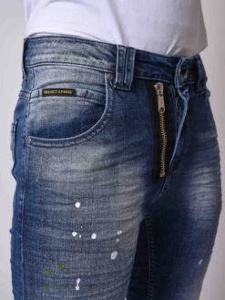 Jean Skinny Fit Délavage Bleu, Tacheté Jaune Pâle , Zip Apparent -Monsieur Chic Soldes Boutique jean skinny fit delavage bleu tachete jaune pale zip apparent t19945 7