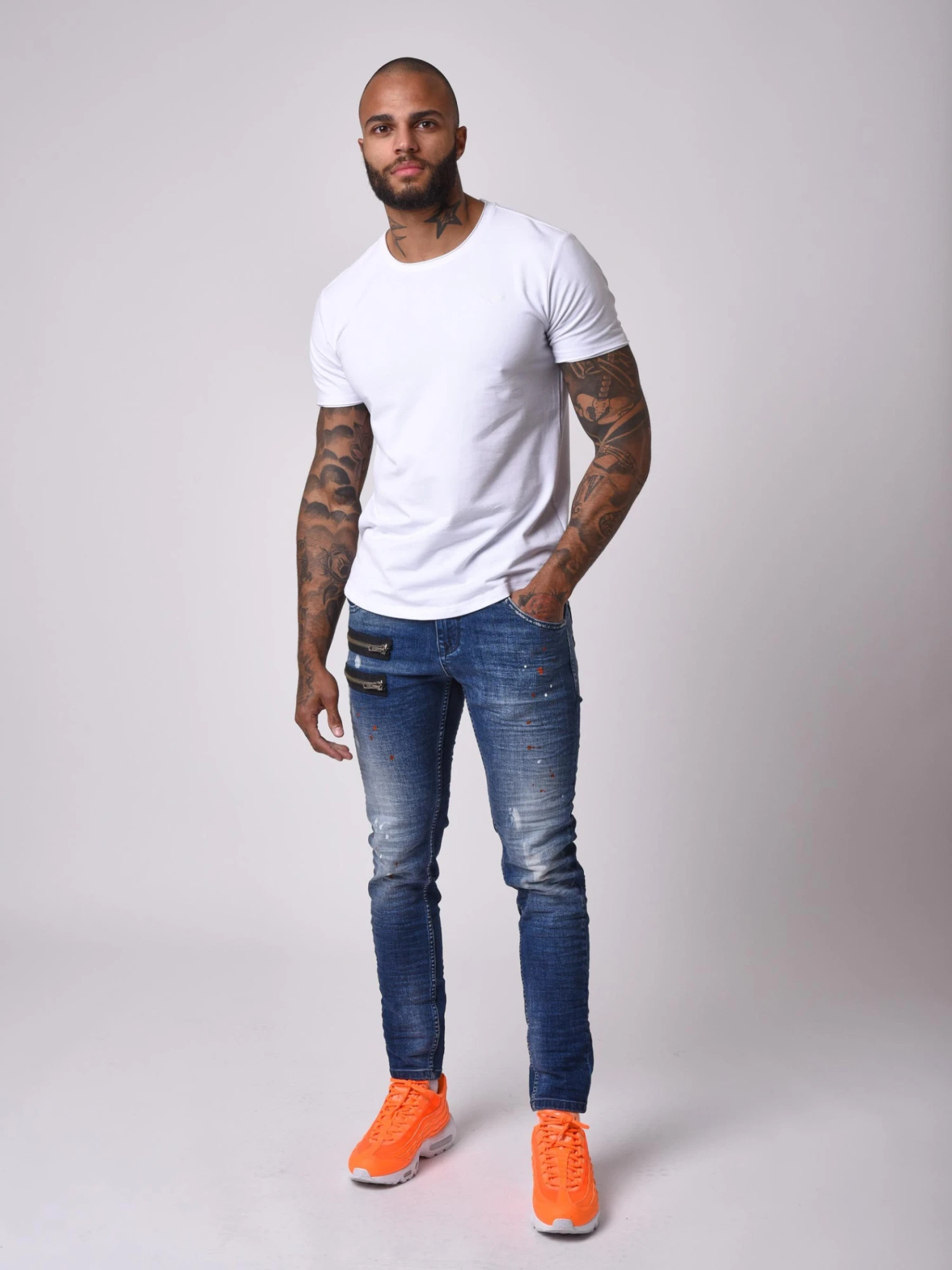 Jean Skinny Fit Délavage Bleu, Tacheté , Zips Apparent Côté 6 Jean Skinny Fit Délavage Bleu, Tacheté , Zips Apparent Côté – Image 4